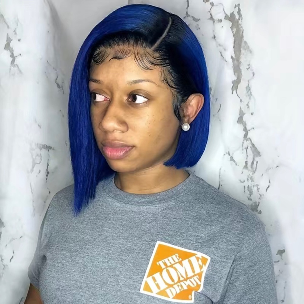 Ombre Black/DeepBlue 13x4 Lace Frontal Straight Peruvian Remy Human Hair Bob Wig